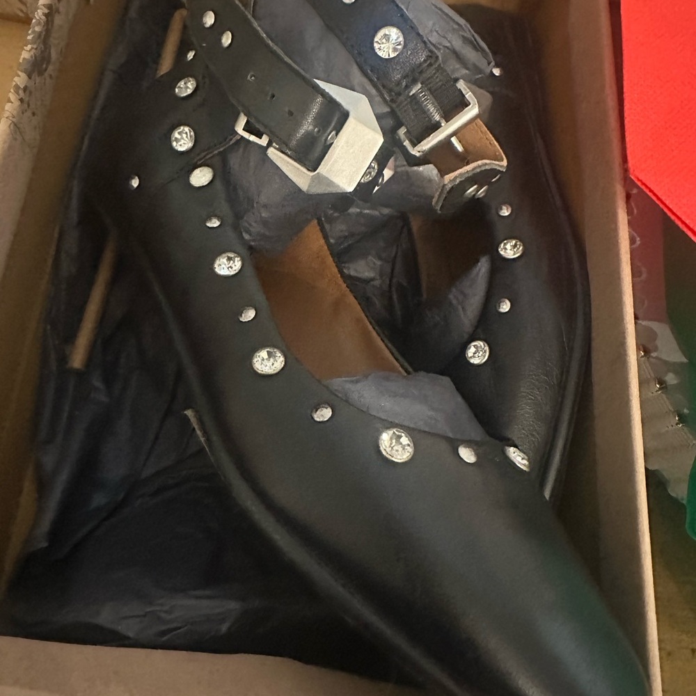 Free People Black Leather Studded Mystic Diamanté Flats